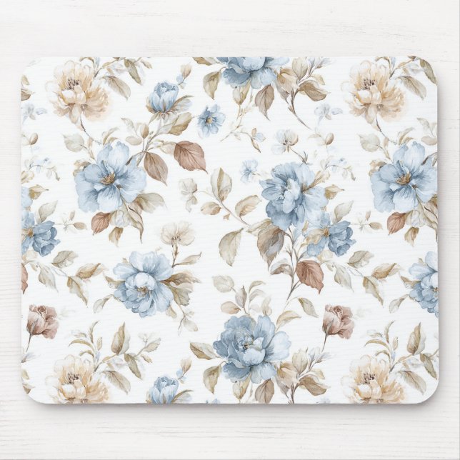 Vackra Blå Kräm Tan Bruna Blommor Musmatta (Framsidan)