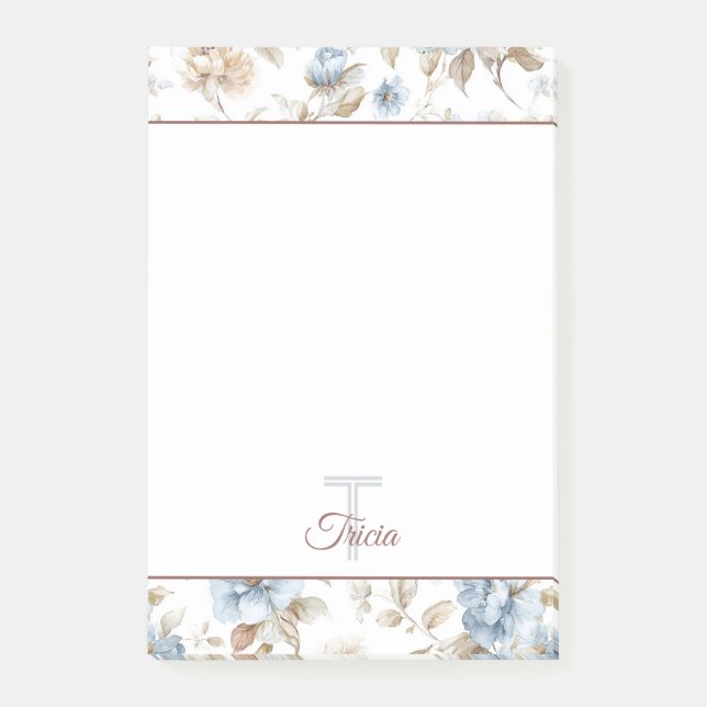 Vackra Blå Kräm Tan Bruna Blommor Post-it Block (Framsida)