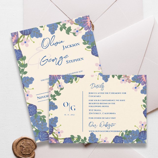 Vackra Blå Lila Blommiga Bröllopsdetaljer Info Tilläggskort (Pretty Blue Purple Floral Wedding Details Info Enclosure Card)