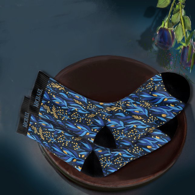 Vackra blå Löv Gula blommor Mönster Strumpor (Beautiful Blue Leaves Yellow Flowers Pattern Socks)