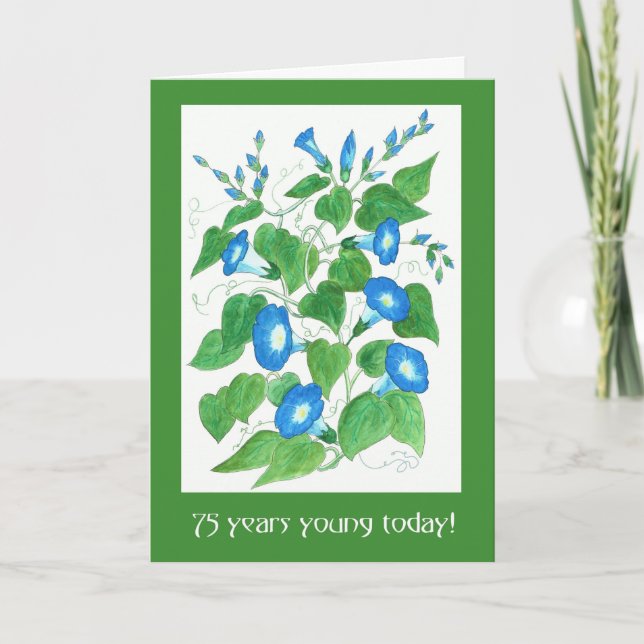 Vackra blå morgonblomsblommor 75-årsdag kort (Framsida)