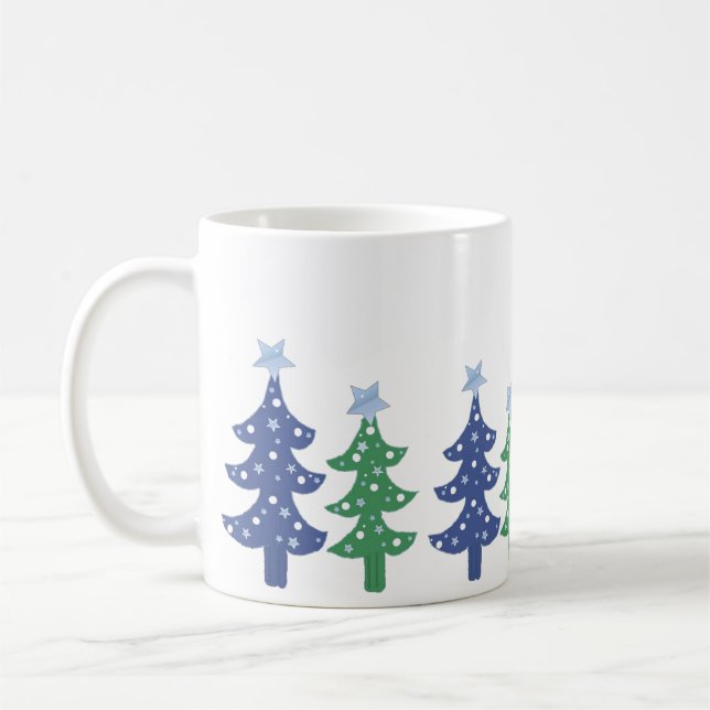 Vackra blå och gröna julgranar kaffemugg (Vänster)