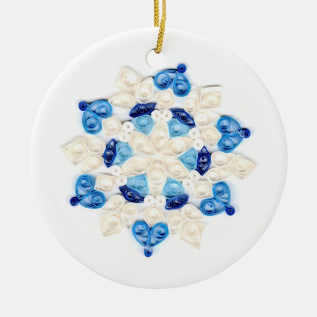 Vackra, blå och vit snöflingdesign julgransprydnad keramik (Framsidan)