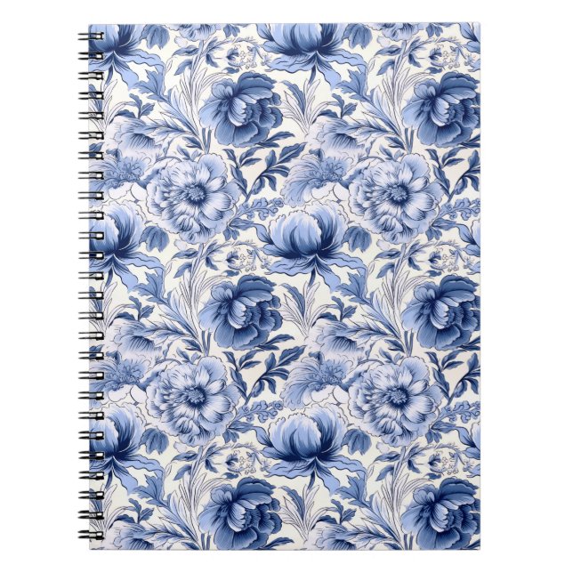 Vackra blå Toile de Jouy-blommor Anteckningsbok (Framsidan)