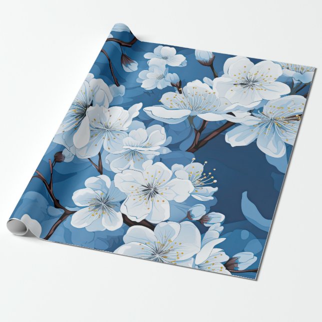 Vackra blå vita blommor presentpapper (Utrullad)