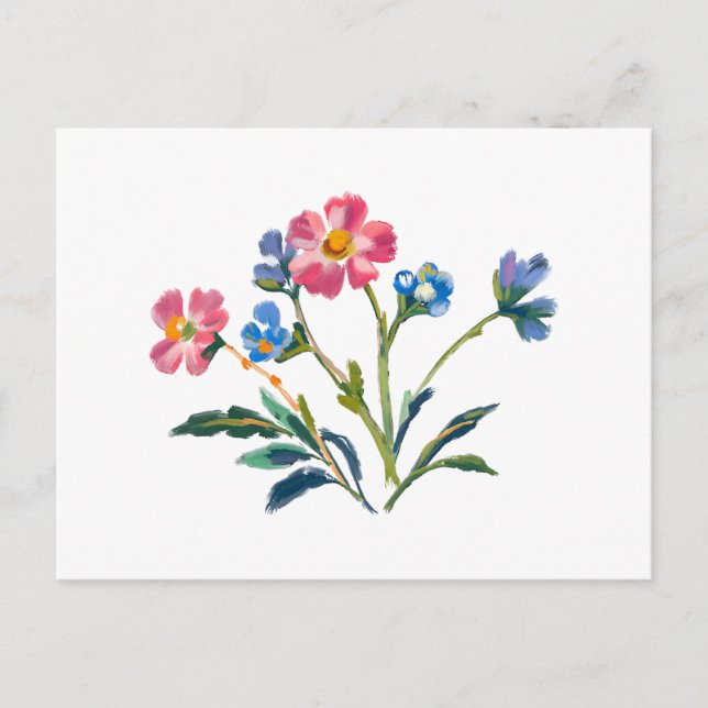 Vackra blåa och rosa vilda blommor  vykort (Framsida)