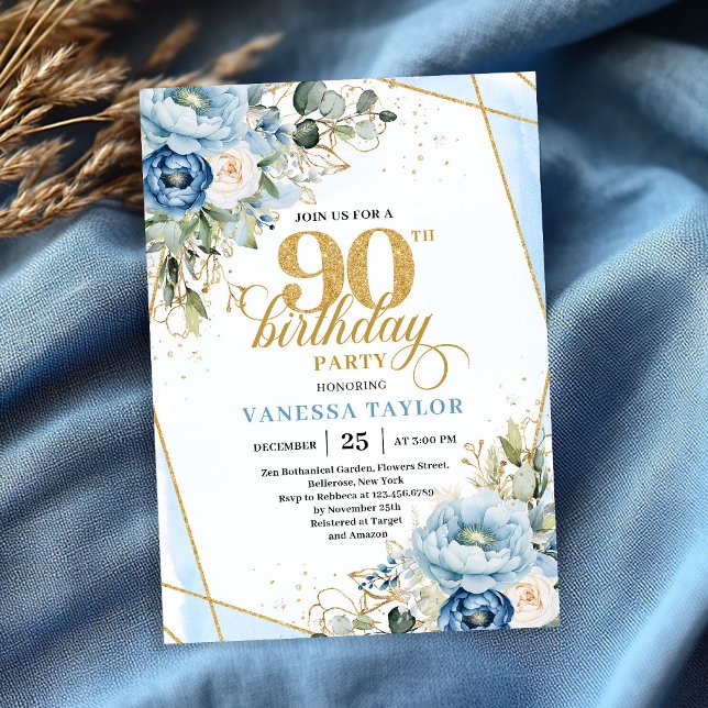 Vackra bleka blå guldblommor 90-års inbjudan (Lovely pale blue gold florals 90th birthday celebration)