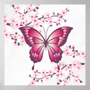 Vackra Blommar av Rosa Butterfly och Cherry Poster