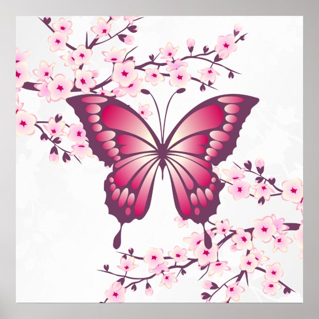 Vackra Blommar av Rosa Butterfly och Cherry Poster (Framsidan)