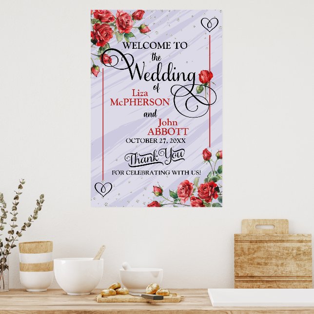Vackra Blommiga Röda Rosor Bröllopsvälkomst Poster (Kök)