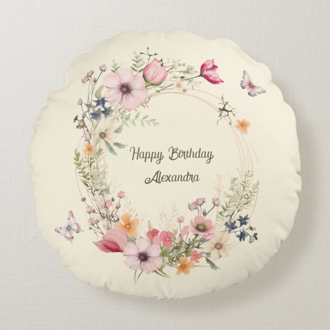 Vackra Blommigten Ålder och fjärilar Rund Kudde (Framsidan)