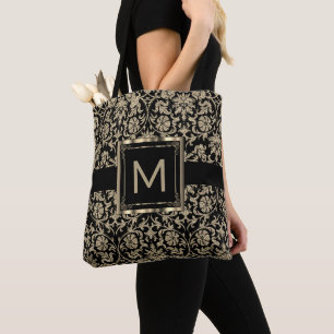 Vackra Blommigten Black och Guld Damask Tygkasse