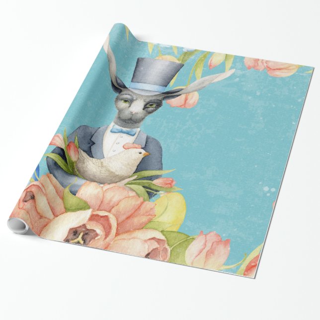 Vackra Blommigten Flowers Animal Påskhare Presentpapper (Utrullad)