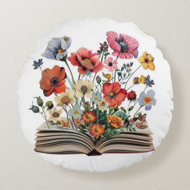 Vackra blommor från en bok Läsare Författare Rund Kudde (Framsidan)