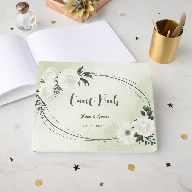 Vackra blommor grönt löv bröllop gästböcker (Framsida Öppen)