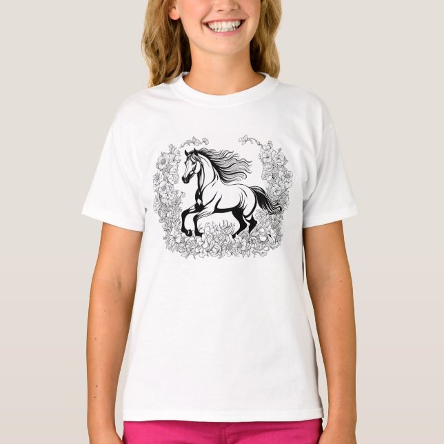 Vackra blommor & häst målar en  t shirt (Framsida)