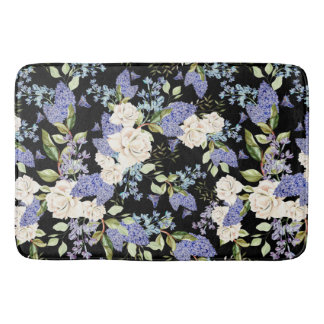 Vackra blommor Lilac Ro Lila Blue på Black Badrumsmatta