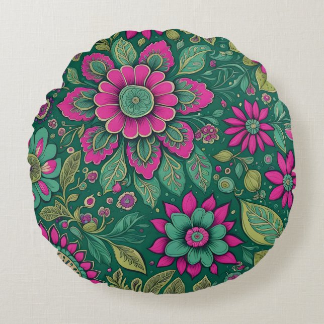 Vackra blommor Mandala Blommar rosa grön Rund Kudde (Framsidan)