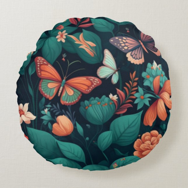 Vackra blommor och fjärilar i djungeln rund kudde (Framsidan)