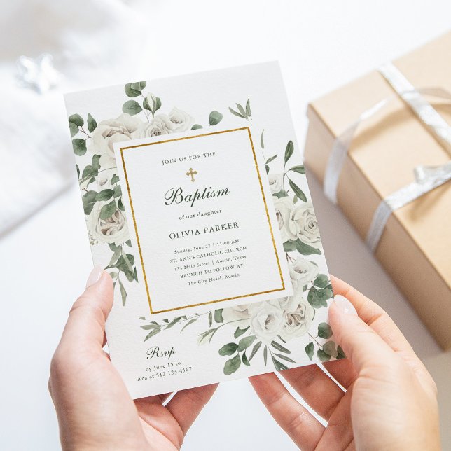 Vackra Blommor och Guld | Baptism Inbjudningar (Skapare uppladdad)