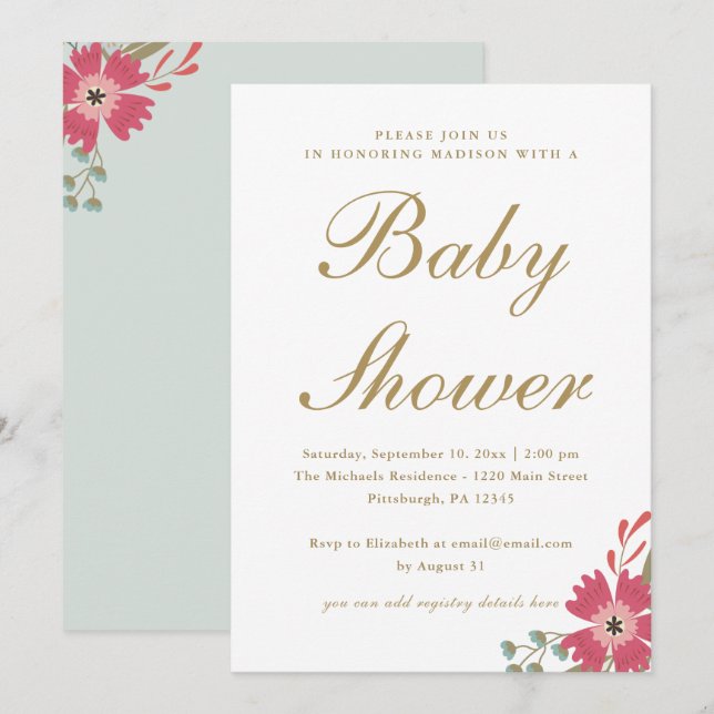 Vackra blommor och mintgrön baby shower inbjudningar (Fram/baksida)