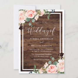 Vackra  blommor och Rustic Wood Bröllop Inbjudningar