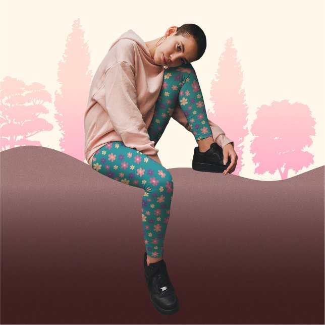 Vackra blommor på mörk grönt bakgrund Mönster Leggings (Skapare uppladdad)
