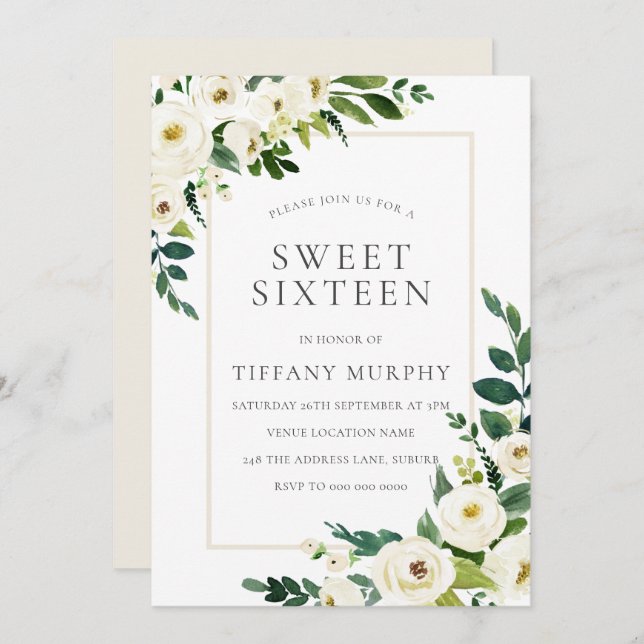 Vackra Blommor Sweet 16 Party Inbjudningar (Fram/baksida)