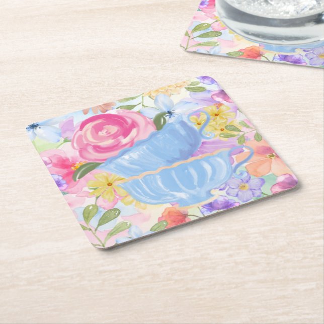 Vackra Blommor Tekoppar Underlägg Papper Kvadrat (Vinklad)