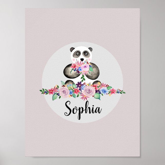 Vackra blommor Vattenfärg Panda och namn för tjeje Poster (Framsidan)
