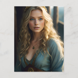 Vackra blond Curls Woman i Blå- och Guld-klänninge Vykort