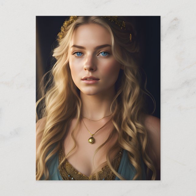 Vackra Blond Woman i Blue- och Guld-Dress Vykort (Framsida)