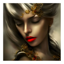 Vackra blonda kvinnor i guld med röda läppar juvel