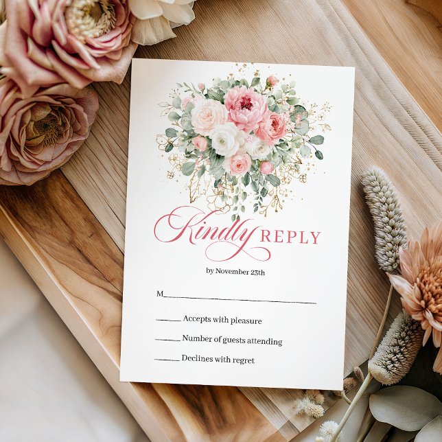 Vackra Bohemiska Rosa Rosor Guld Bröllops RSVP-kor OSA Kort (Pretty Bohemian Blush Roses Gold Wedding RSVP Card

)