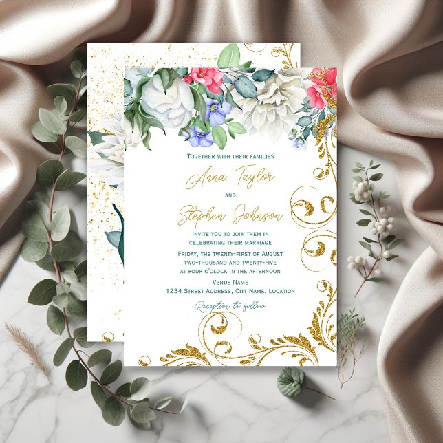 Vackra botaniker med Faux Guld Glitter Swirls Inbjudningar (Beautiful botanicals and faux gold glitter swirls invitation front and back.)