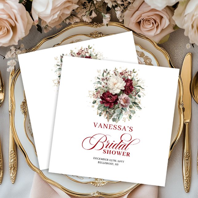 Vackra Burgunderfärgade Blommiga Bröllopsdusch Ser Pappersservett (Beautiful Burgundy Floral Bridal Shower Napkins)