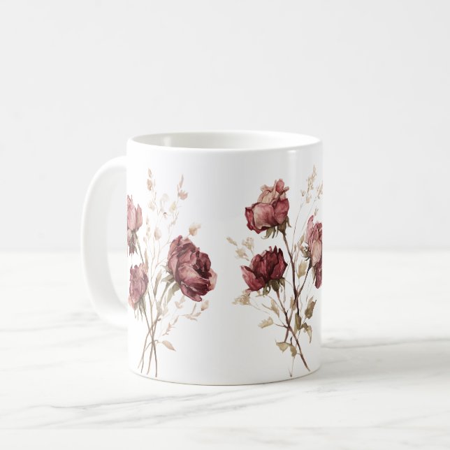 Vackra burgunderröda blommor kaffemugg (Framsida vänster)