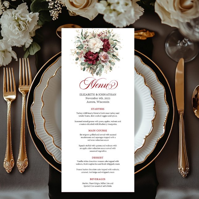 Vackra Burgundiska Blommor Grönska Guld Meny Kort (Beautiful Burgundy Flowers Greenery Gold Menu Card)