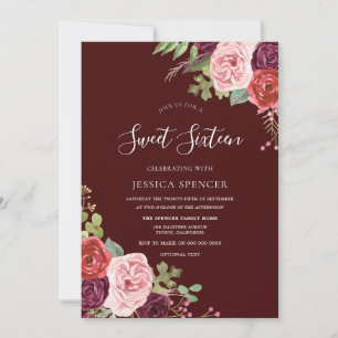 Vackra Burgundy Flowers Sweet 16 Inbjudan