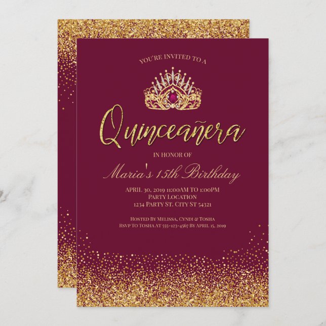 Vackra Burgundy och Guld Quinceañera Inbjudningar (Fram/baksida)