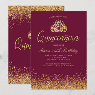 Vackra Burgundy och Guld Quinceañera Inbjudningar