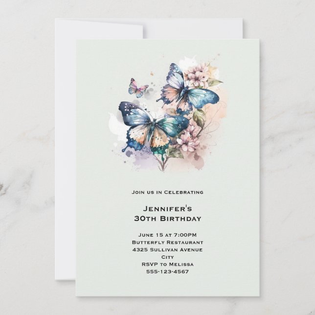 Vackra Butterflies och Flowers Birthday Inbjudningar (Framsida)