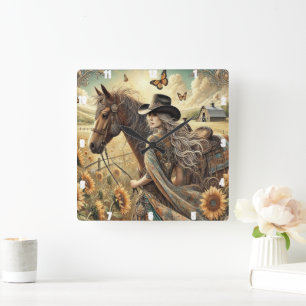 Vackra Cowgirl och Horse Sunlit Countryside Fyrkantig Klocka