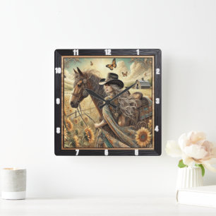 Vackra Cowgirl och Horse Sunlit Countryside Fyrkantig Klocka
