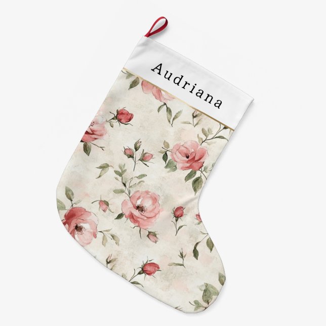 Vackra Crème Rosa Rosor Blommig Jul Stor Julstrumpa (Framsidan (Hängande))
