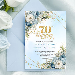 Vackra dammiga blå akvarellblommor 70-årsdag inbjudningar