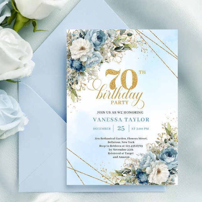 Vackra dammiga blå akvarellblommor 70-årsdag inbjudningar (Lovely dusty blue watercolor florals 70th birthday invite

)