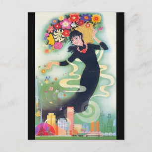 Vackra Deco Asian Woman med Swirls & Flowers Vykort