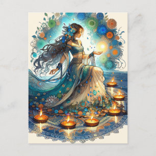 Vackra Diwali Woman och Rangoli Helg Vykort