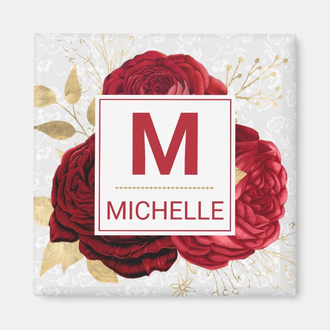 Vackra djupröda och gyllene blomster monogram magnet (Framsidan)